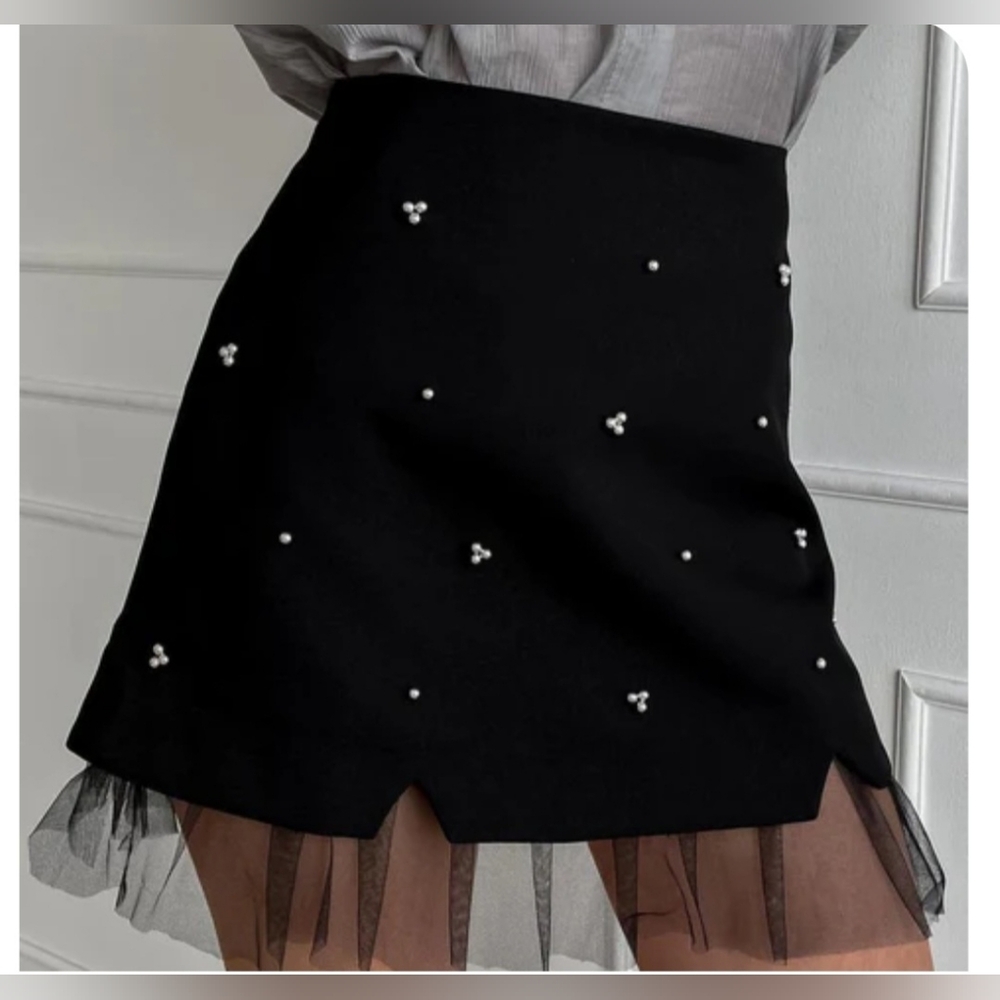 Commense Black Skirt with Pearl Accents